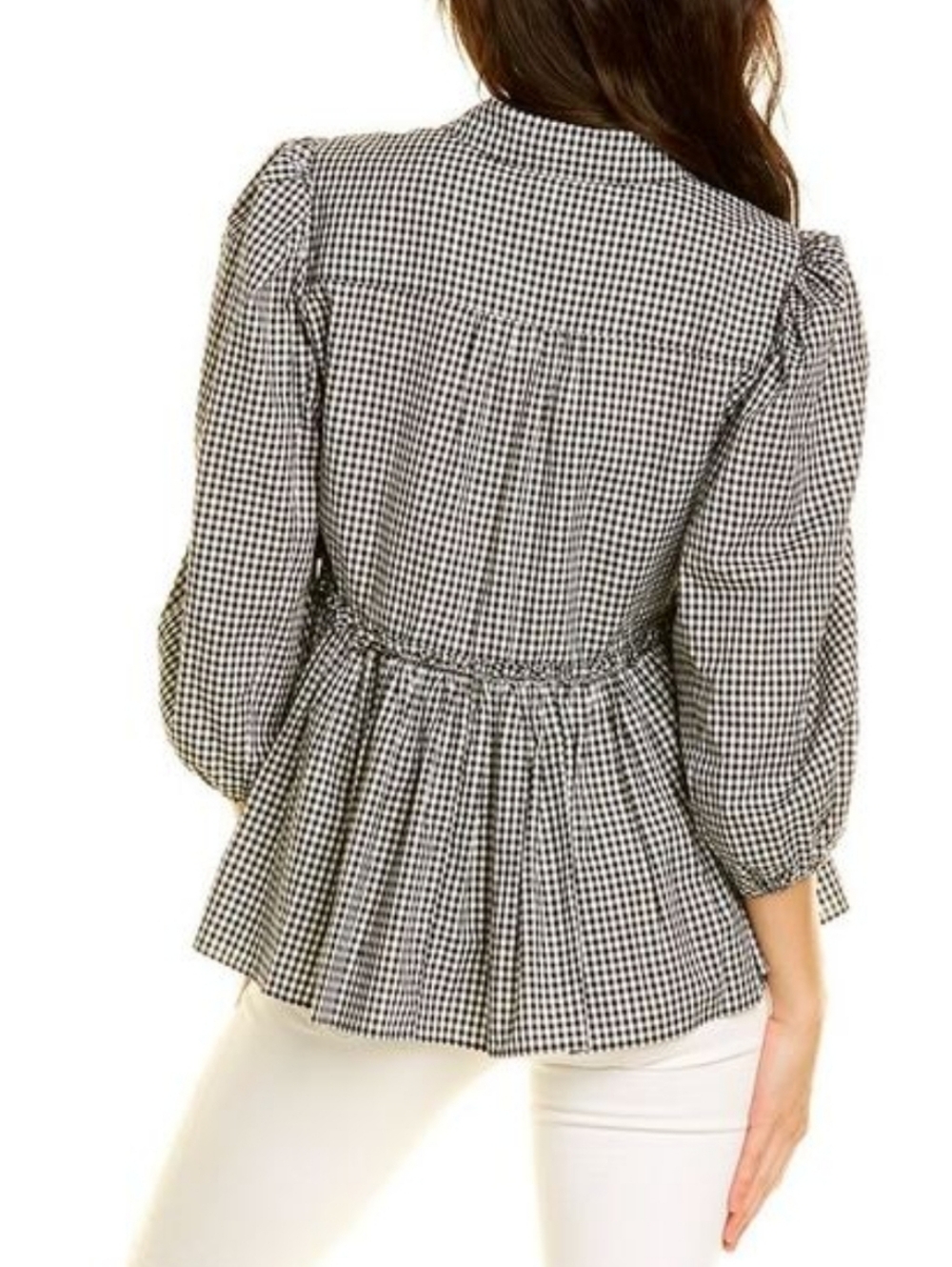 Cinq A Sept Gingham Peplam Button Up Shirt Small Black White - Picture 2 of 8